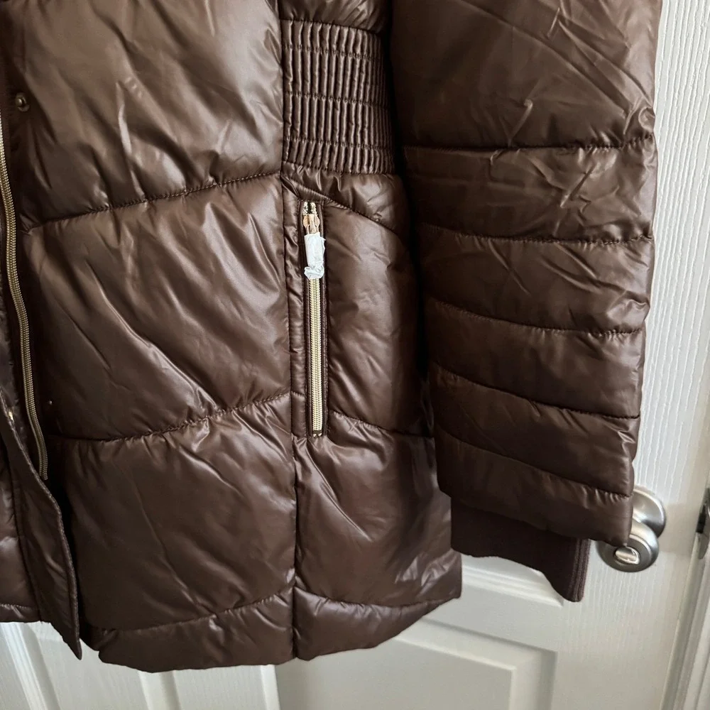 30 First Brown Puffer Parka Faux Fur Hood Cinched Waist Winter Coat Womens 3XL
